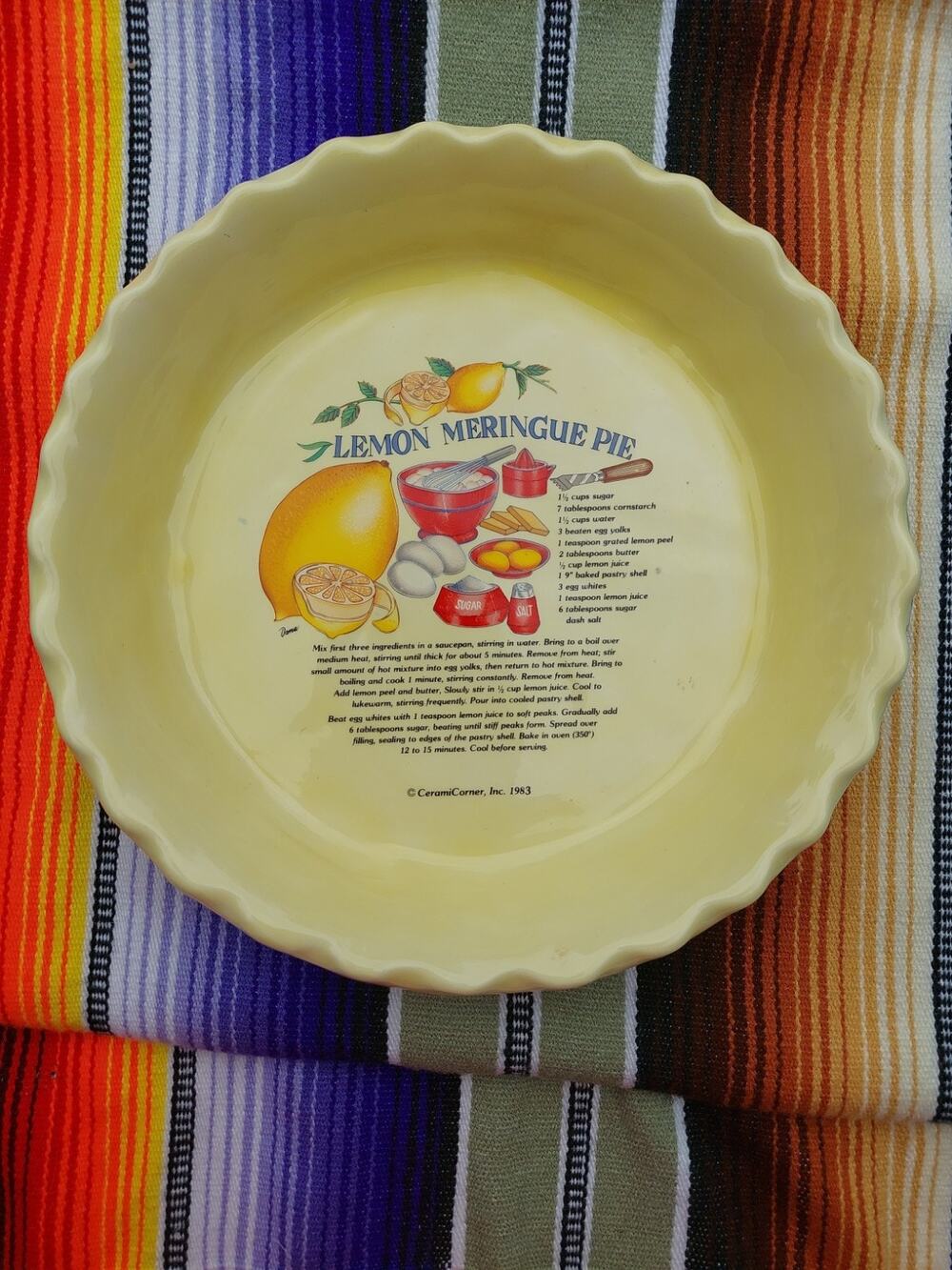 Rare 1980s Vintage Creamy Yellow Lemon Meringue Pie Recipe/Baking Dish Plate